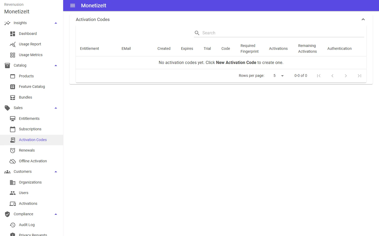 The Activation Codes page in the Provision Portal