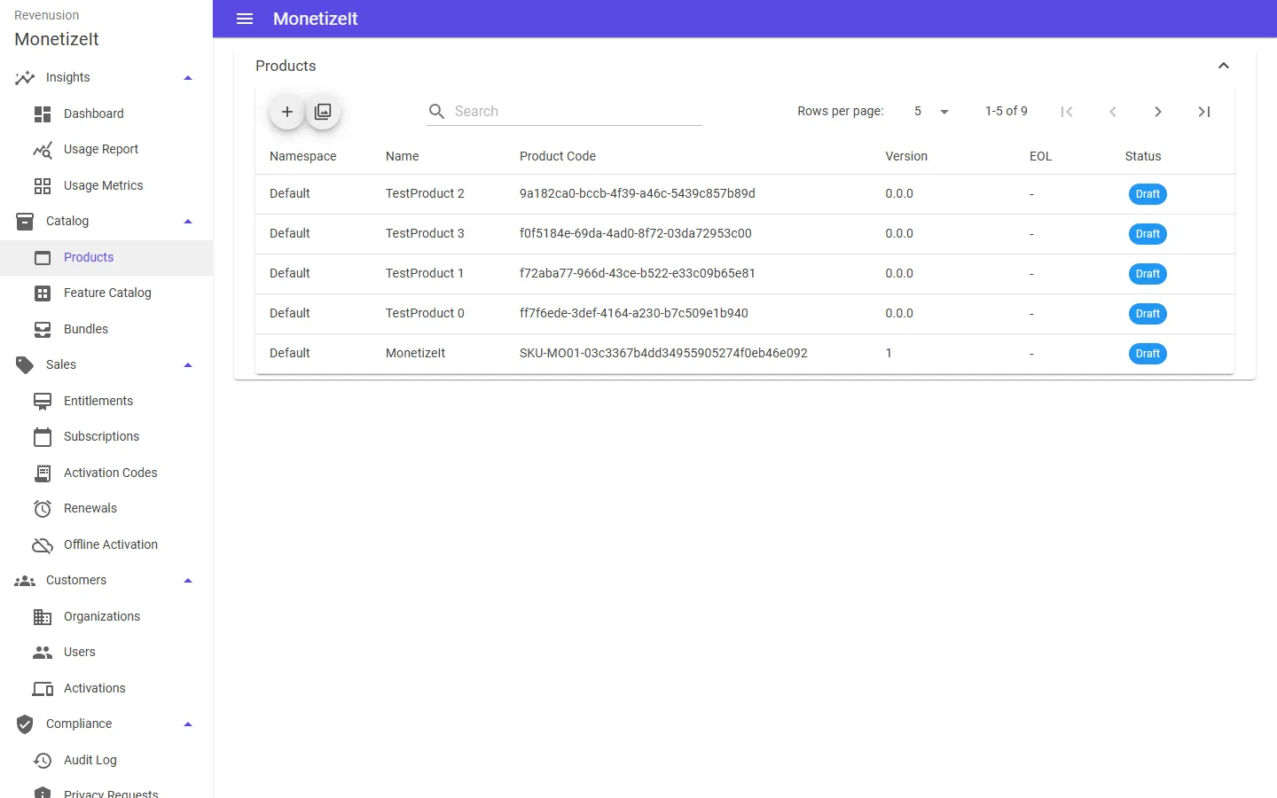The Products page in the Provision Portal